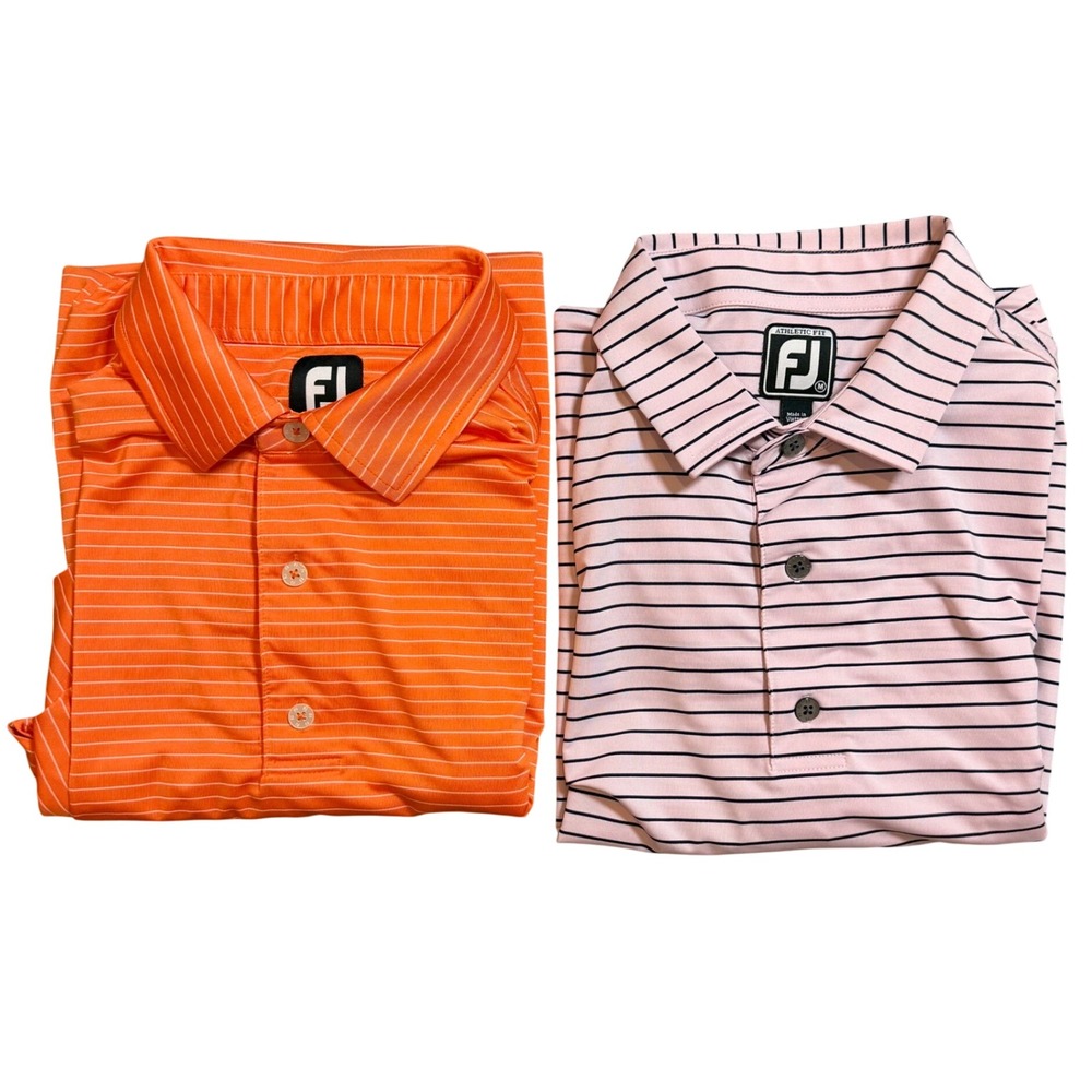 FootJoy Mens Golf Polo Shirt Lot of 2 Orange‎ Pink Striped Athletic Fit Size M